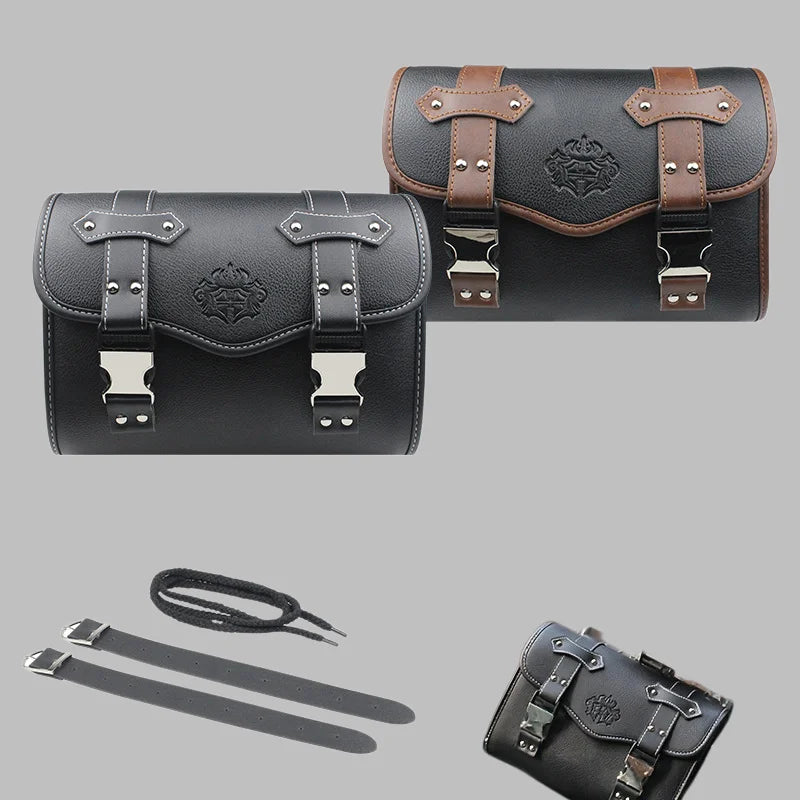 Universal PU Leather Motorcycle Fork Saddlebags, Waterproof Side Tool Storage Luggage Pouch Compatible with Honda BMW Suzuki