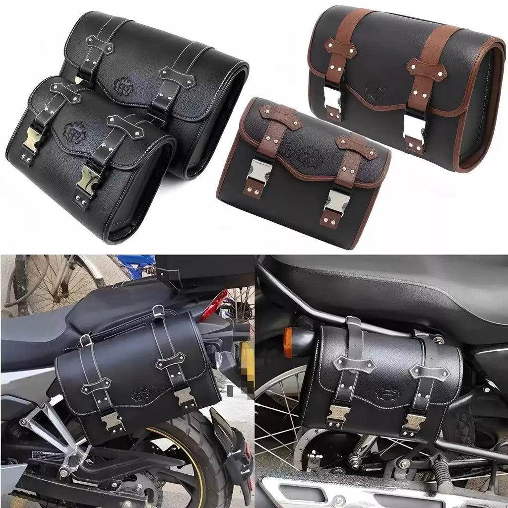 Universal PU Leather Motorcycle Fork Saddlebags, Waterproof Side Tool Storage Luggage Pouch Compatible with Honda BMW Suzuki
