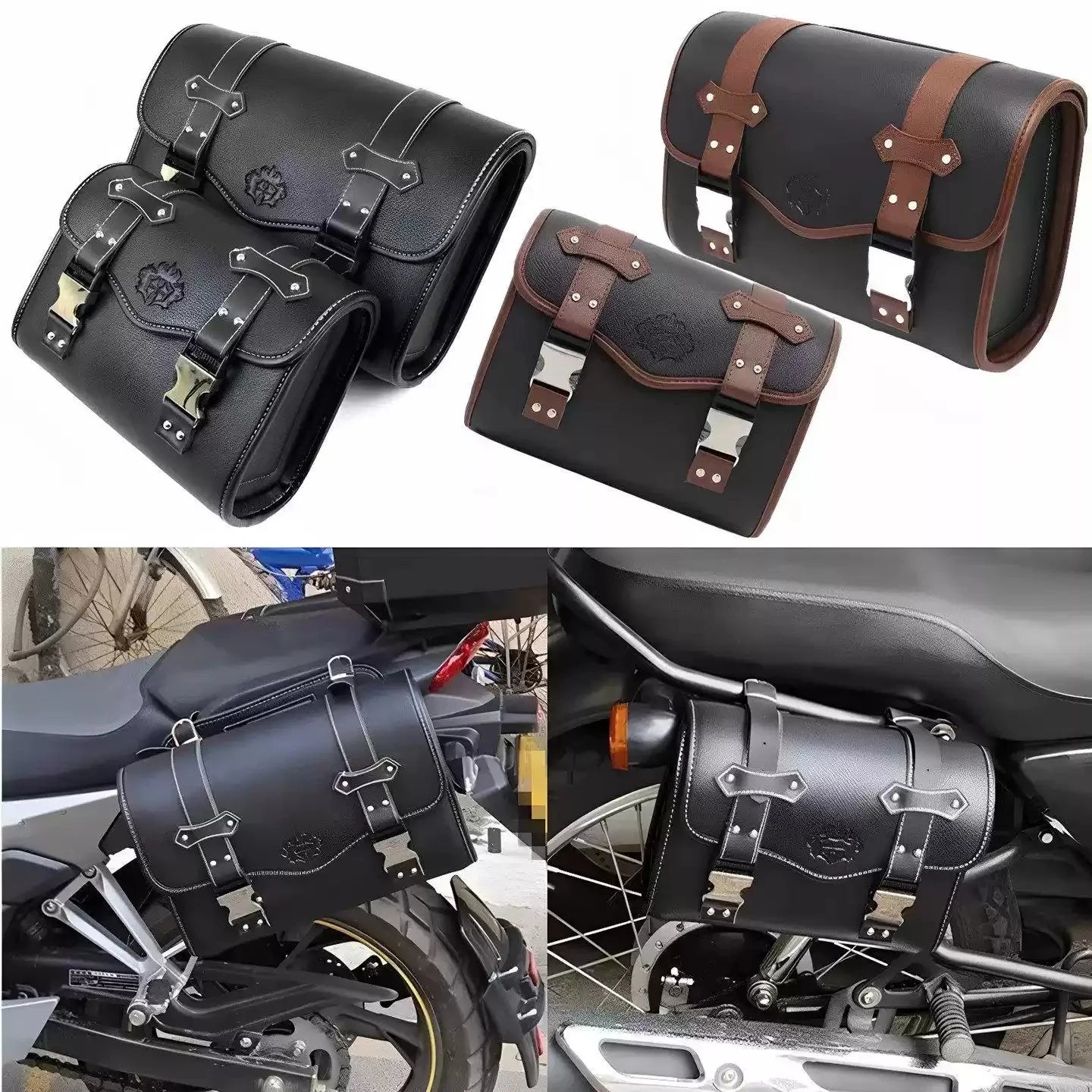 Universal PU Leather Motorcycle Fork Saddlebags, Waterproof Side Tool Storage Luggage Pouch Compatible with Honda BMW Suzuki