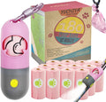 Dog Waste Bags Holder with LED Flashlight Doggie Poop Bags Dispenser with 13 Rolls Leak-Proof Pet Trash Bags Rechargable USB Cable(Pink)