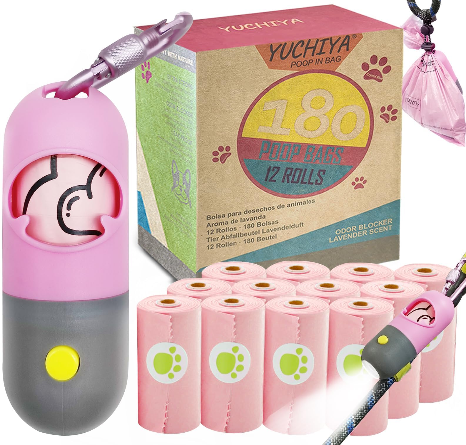 Dog Waste Bags Holder with LED Flashlight Doggie Poop Bags Dispenser with 13 Rolls Leak-Proof Pet Trash Bags Rechargable USB Cable(Pink)