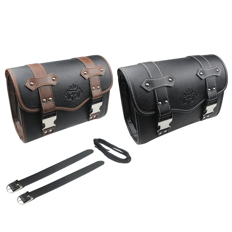 Universal PU Leather Motorcycle Fork Saddlebags, Waterproof Side Tool Storage Luggage Pouch Compatible with Honda BMW Suzuki